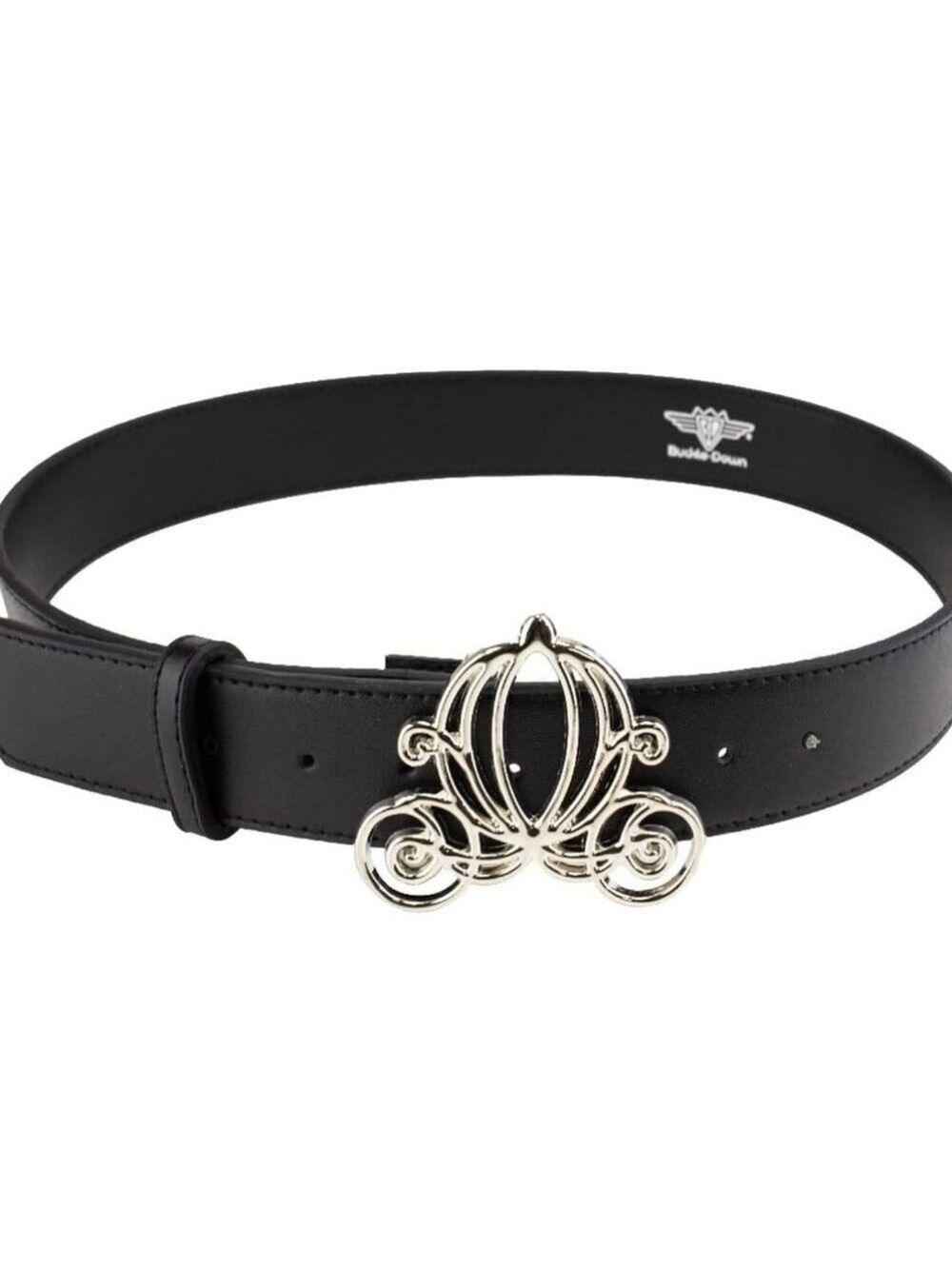 Buckle-Down womens Disney Belt, Cinderella Carriage Silver Buckle, Black Vegan L